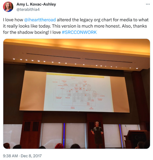 Jessica on-stage at SRCCON:WORK in a tweeted photo with the text: I love how @ihearttheroad altered the legacy org chart for media to what it really looks like today. This version is much more honest. Also, thanks for the shadow boxing! I love #SRCCONWORK
