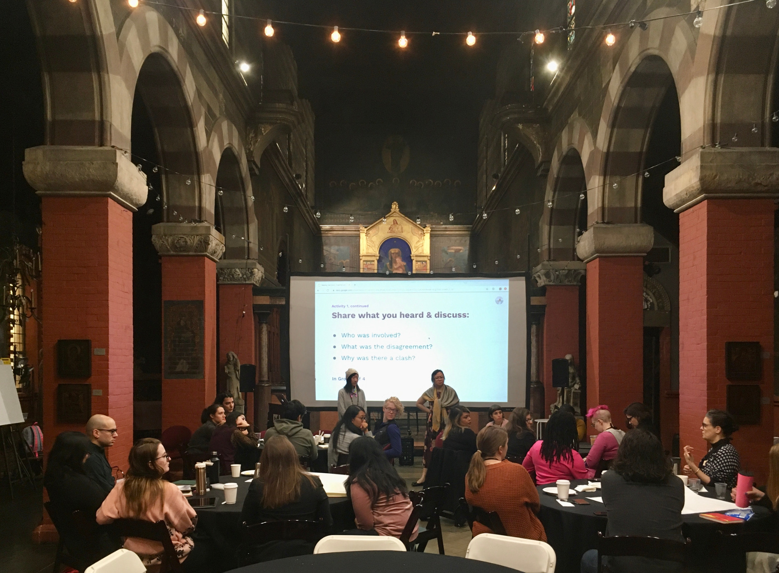 a session in the sanctuary at Fleisher at SRCCON:LEAD
