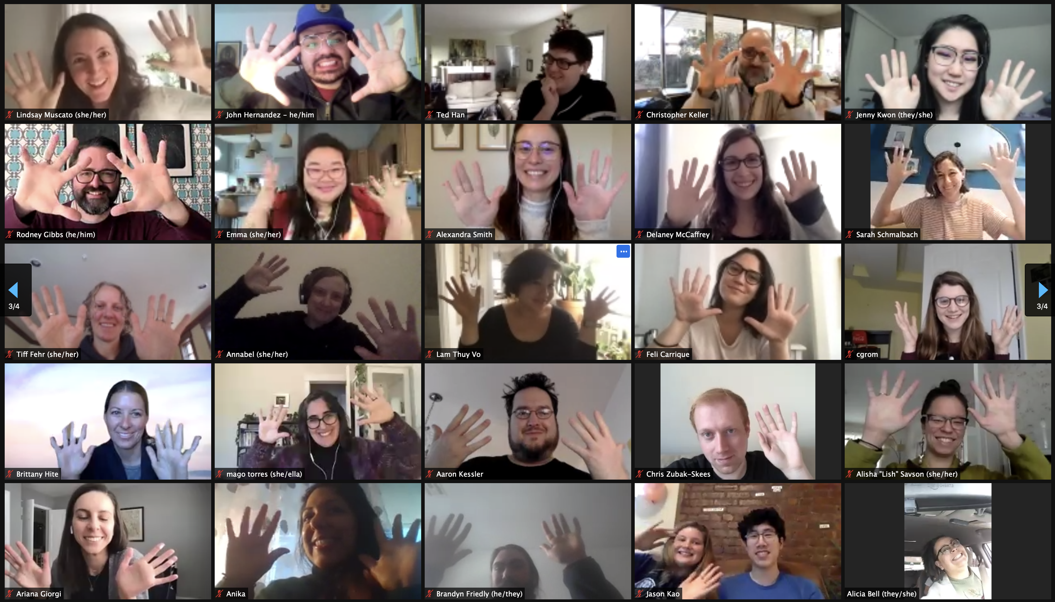 25-square zoom photo array of people holding up their hands and smiling